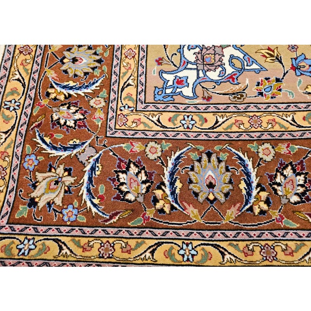 Vintage Persian Tabriz Square Area Rug, Hand-Knotted Wool & Silk, Fine Medallion Floral Pattern, Ivory & Brown, 7x7 For Sale - Image 16 of 16