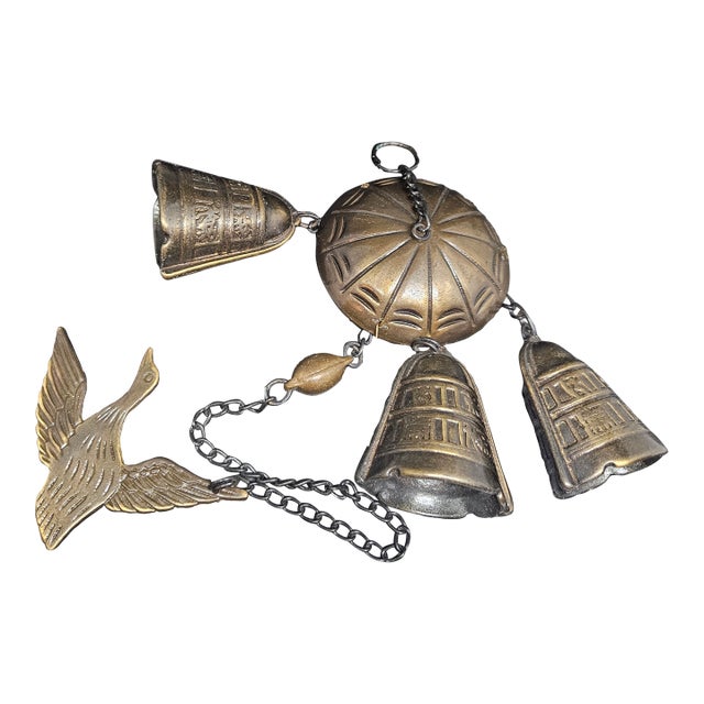 Vintage Brass Hanging Bells (3) With a Bird For Sale
