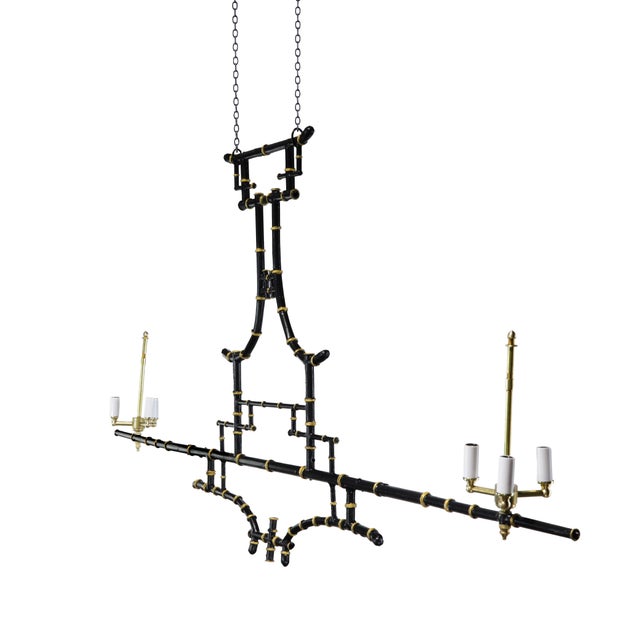 Vintage Chinoiserie Faux Bamboo Pagoda Chandelier Black and Gold Linear Island Pendant Light For Sale - Image 11 of 14
