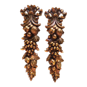 Pair of Hollywood Regency Syroco Wood Della Robia Style Fruit & Bow Gilt Swag Wall Decor 1960s