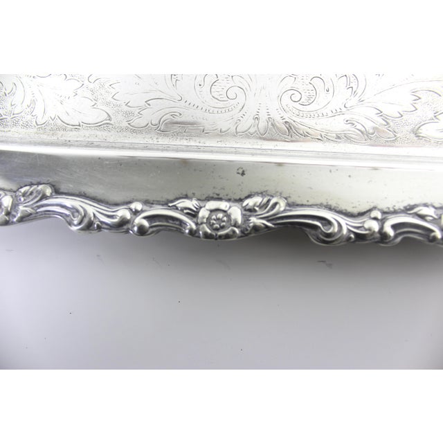 Extra Large Butler’s Tray Silver Plated Rectangular Platter Vintage Plate Ornate Floral Handles Embossed Serving For Sale - Image 10 of 15