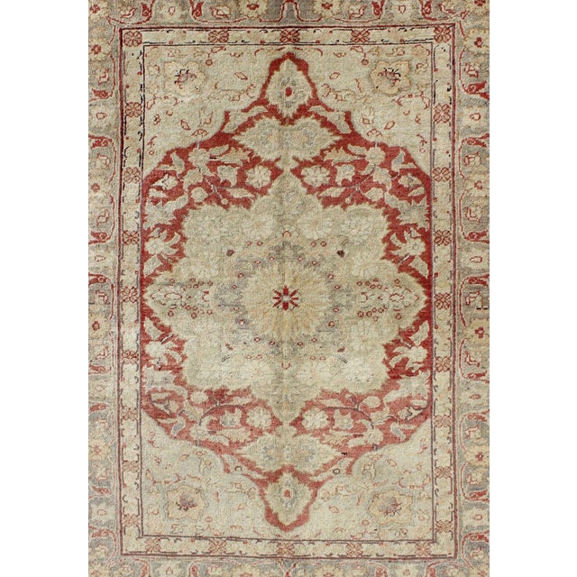 Fine Turkish Oushak Rug With Centre Medallion in Light Red and Ivory For Sale - Image 4 of 7