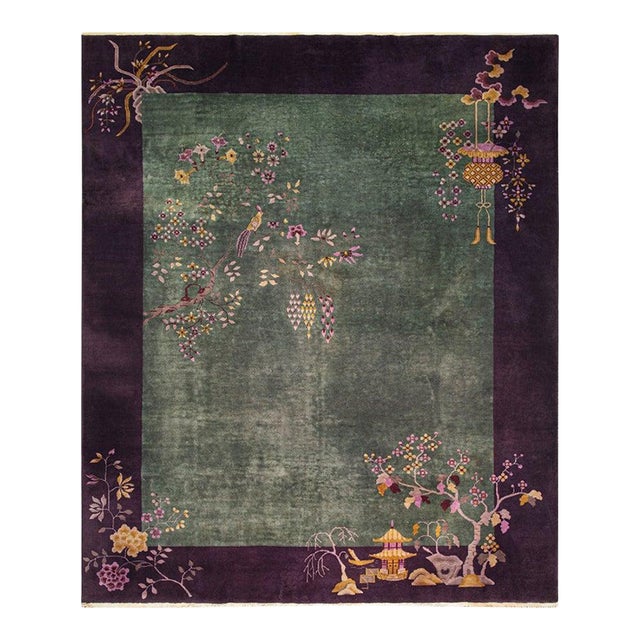 1920s Green Floral Modern Antique Hand Knotted Pile Wool Chinese Art Deco Carpet 7'11" X 9' 4" Rug For Sale
