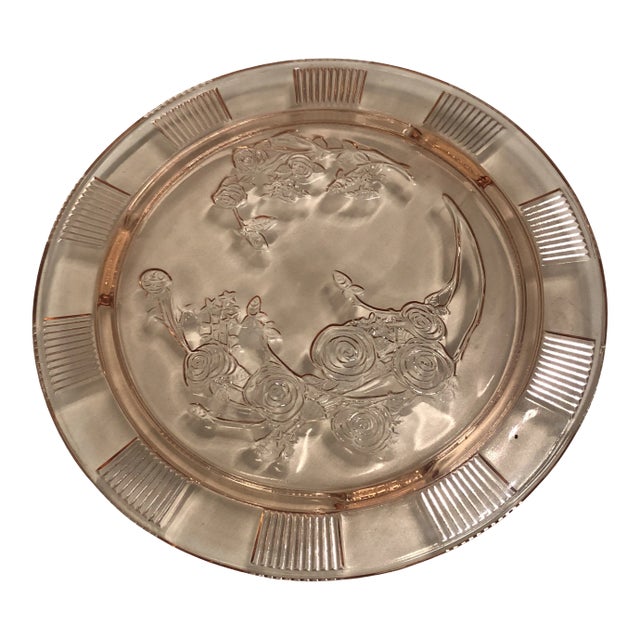 Depression Period Pink Glass Roses Pattern Cake Stand For Sale