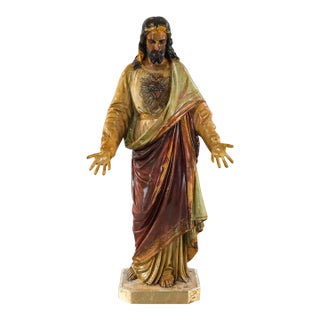 Late 19th to Early 20th Century Ecclesiastical Religious Art Sacred Heart of Jesus Plaster Statue Sculpture For Sale