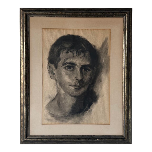 Vintage Expressive Male Portrait Oil Pastel on Paper, Framed Under Glass For Sale