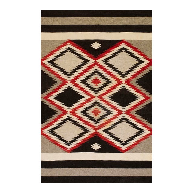 1940s Gray Zig Zag Tribal Antique American Navajo Carpet 3'9" X 6' Flatweave Wool Rug For Sale