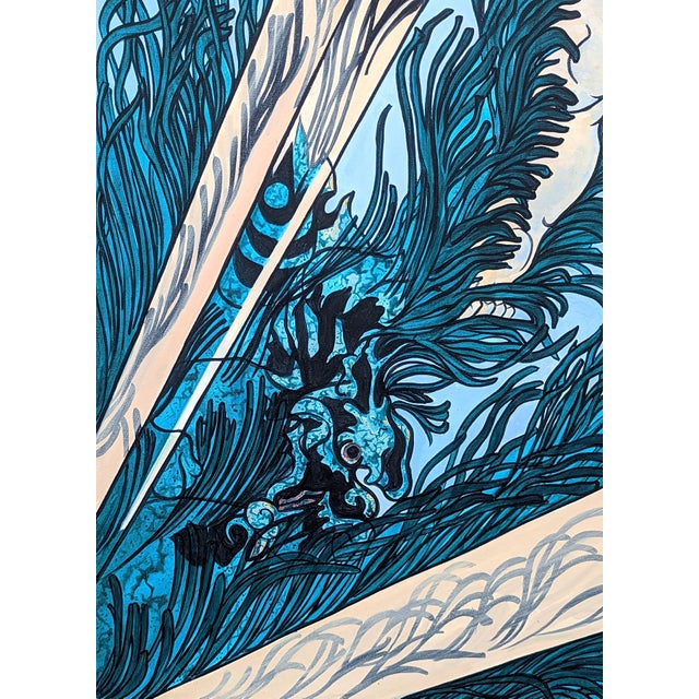 Textile Large Blue Painting of “Wakashima Gonemon Swimming Underwater” Ukiyo-e Print, 1992 For Sale - Image 7 of 11