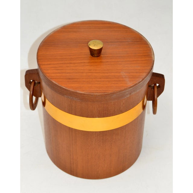 Mid-Century Modern Scandinavian Modern Teak & Brass Lidded Ice Bucket Plastic Insulation 1970 For Sale - Image 3 of 13