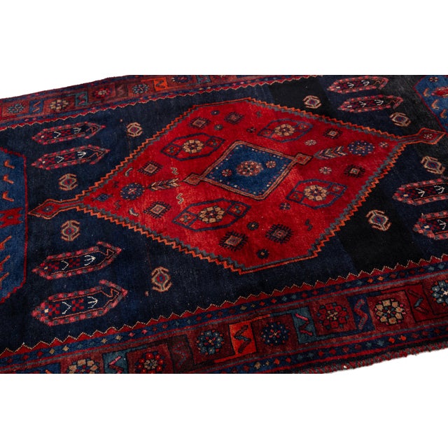 Vintage Shiraz Hand-Knotted Wool Runner Rug - Deep Crimson & Indigo Tribal Medallion For Sale - Image 4 of 9