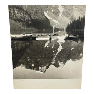 Vintage Black and White Photograph of Moraine Lake, Alberta, Canada.