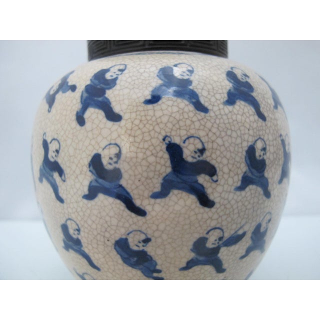 Blue Chinese Qing 100 Boys Blue Porcelain Ginger Jar Snuff Bottle W/Carved Wood Lid For Sale - Image 8 of 11