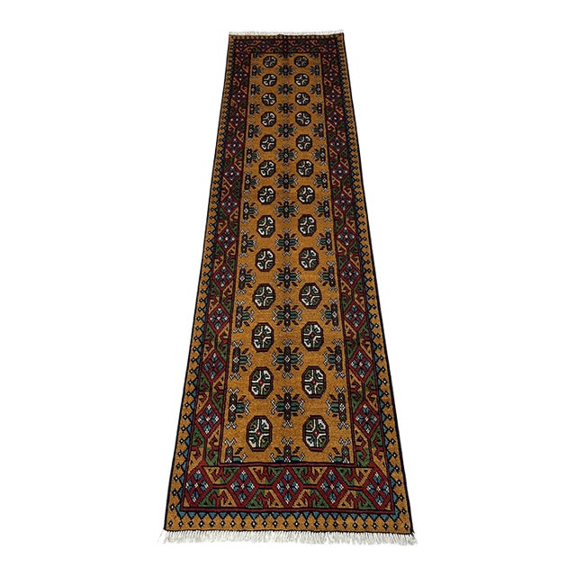 Terracotta Brown Turkmen Wool Runner Rug, Tribal Geometric Gul Design For Sale