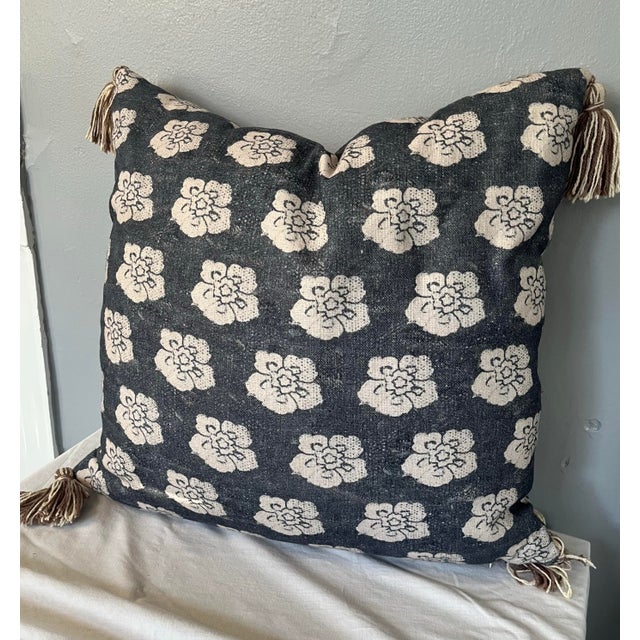 Blue and Off-White Decorative Tasseled Throw Pillow With Distressed Damask Pattern For Sale - Image 10 of 10