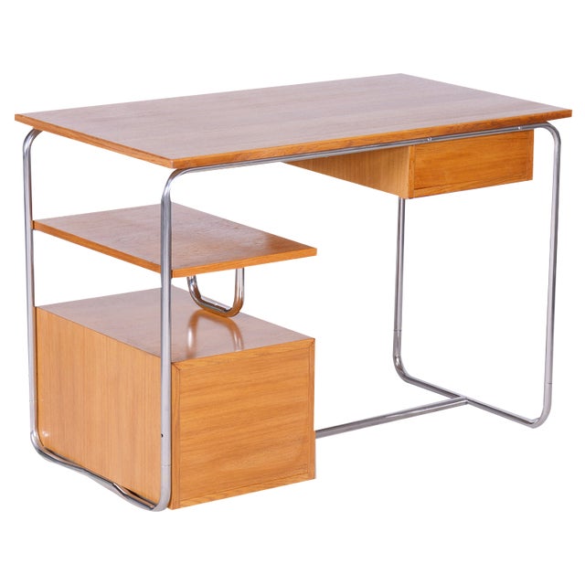 Bauhaus Writing Desk in Oak, Chrome-Plated Steel, Germany, 1930s For Sale