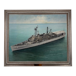 Vintage Original Oil Painting Uss Ozark McS-2 u.s. Navy Ship C. 1969 For Sale