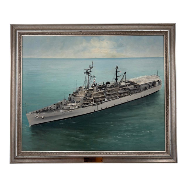 Vintage Original Oil Painting Uss Ozark McS-2 u.s. Navy Ship C. 1969 For Sale