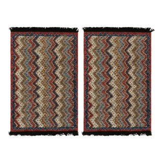Rug & Kilim’s Twin Tribal-Inspired Rugs in Red, Blue and Beige-Brown Chevrons For Sale