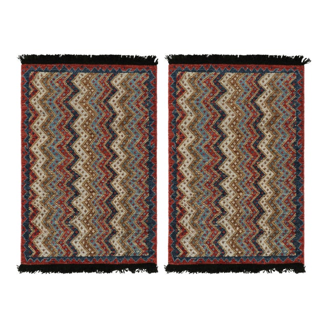 Rug & Kilim’s Twin Tribal-Inspired Rugs in Red, Blue and Beige-Brown Chevrons For Sale