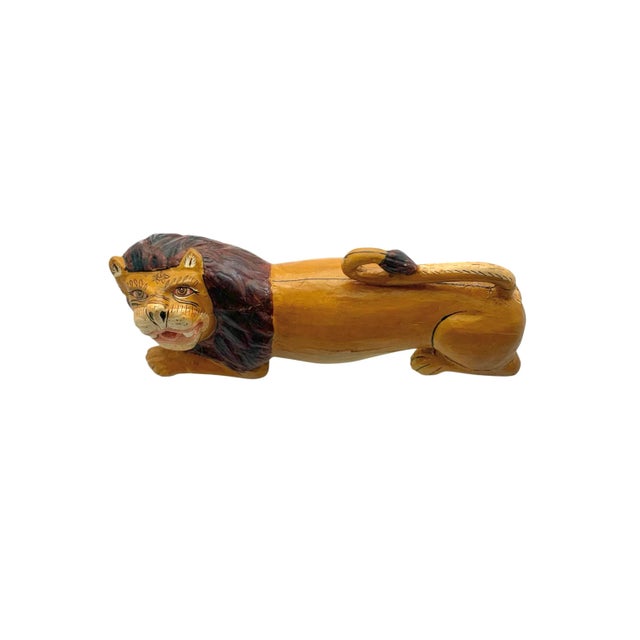 Wood Late 20th Century Lion Sculpture Old Vintage Wood Hand Carved Figurine Folk Art Decor For Sale - Image 7 of 8