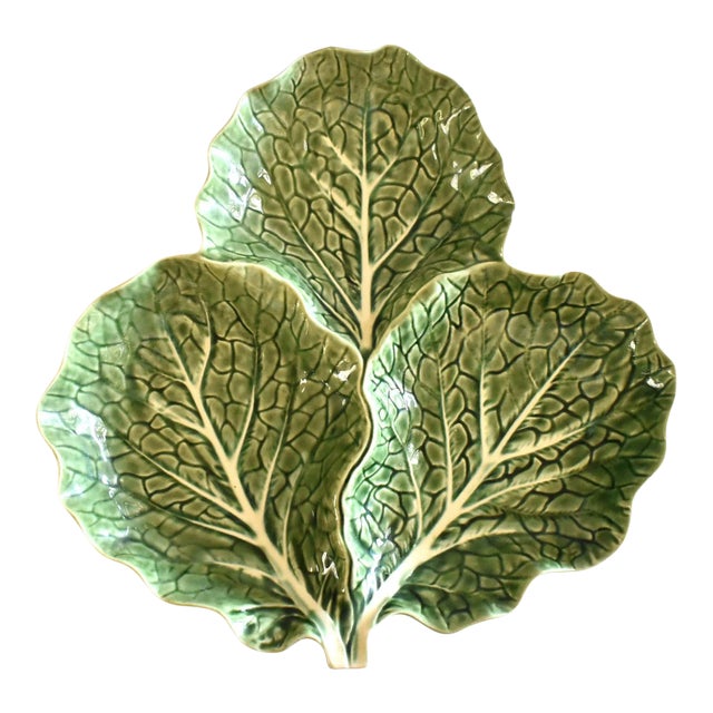 Portuguese Majolica Cabbageware 3-Section Serving Dish For Sale