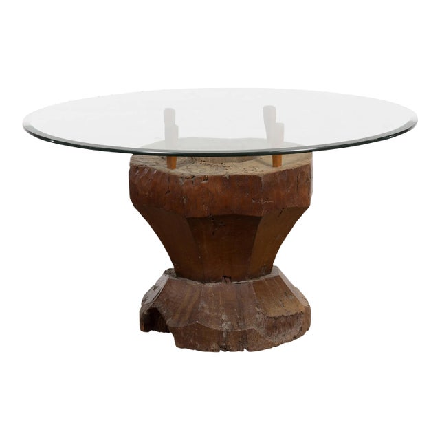 19th Century Primitive Teak Wood Mortar Made into a Side Table Base, Glass not Included For Sale