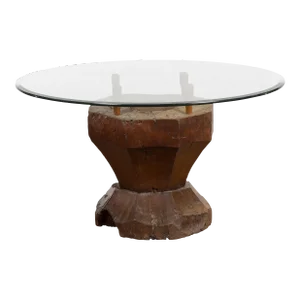 19th Century Primitive Teak Wood Mortar Made into a Side Table Base, Glass not Included