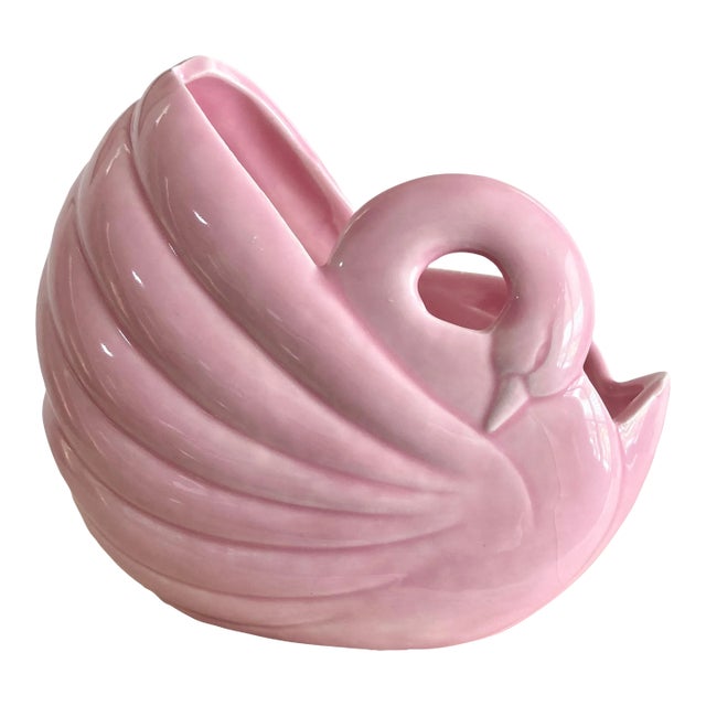 Circa 1970 Art Deco-Inspired Pink Porcelain Sleeping Swan Cachepot / Planter For Sale