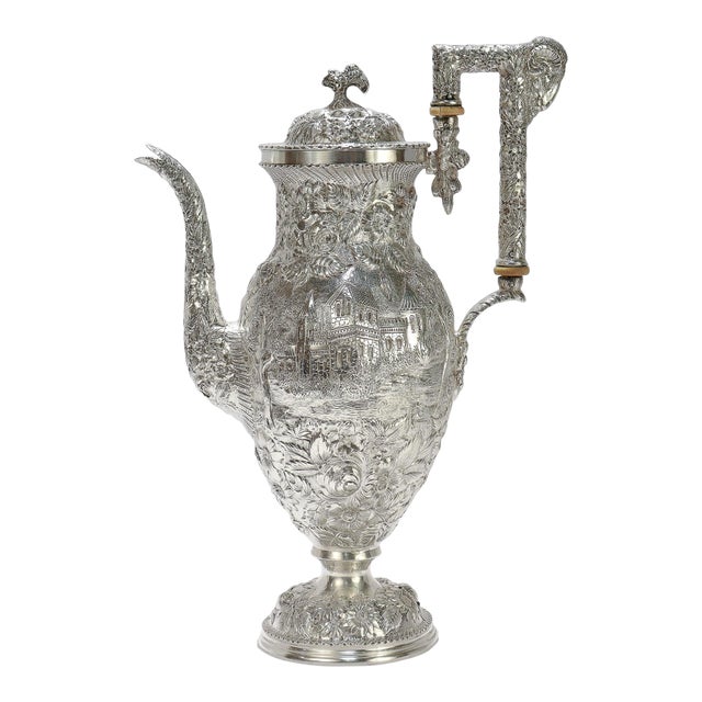 Antique Schofield Repousse Baltimore Sterling Silver Castle Pattern Coffee Pot For Sale