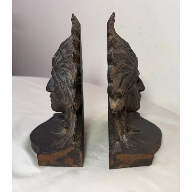 Pair Antique Sitting Bull Solid Cast Iron Figural Native American Chief Bookends For Sale - Image 4 of 9