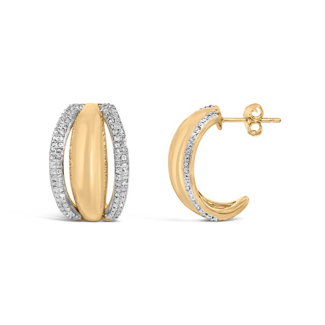 Haus of Brilliance Gold Vermeil 1/10 Cttw Diamond Bold Half Hoop Earrings, Pair For Sale - Image 4 of 4