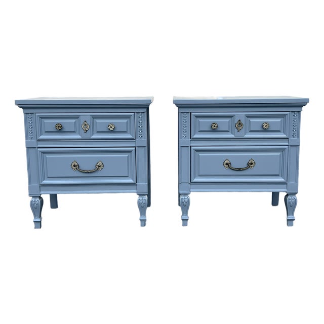 Pair of Mid-Century Blue Gray Lacquered Nightstands For Sale