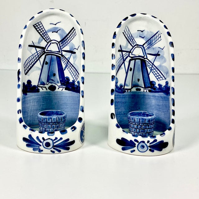 Rustic European 1950s Vintage Holland Delft Boho Chic Handpainted Candleholder Wall Sconces - A Pair. For Sale - Image 3 of 15
