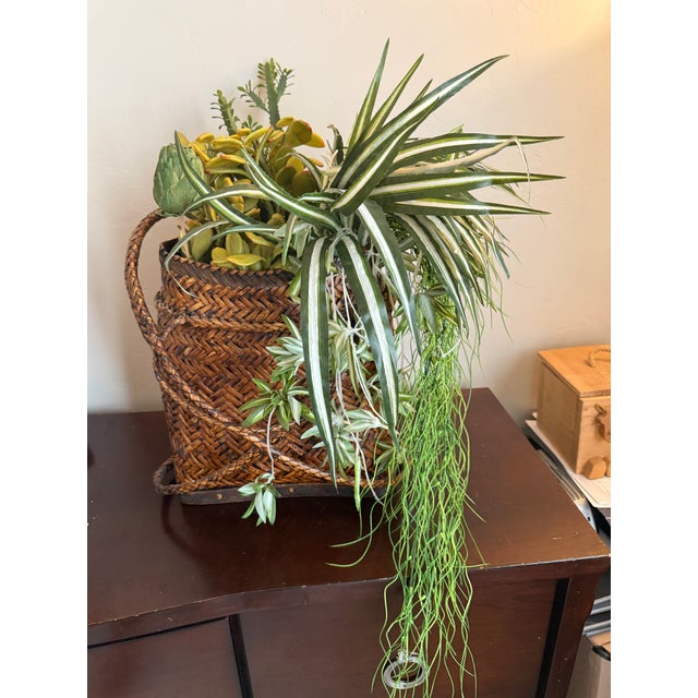 Vintage Mid Century Asian Woven Rattan Bamboo Rice Traditional Harvest Basket Wicker Backpack includes secondary small...