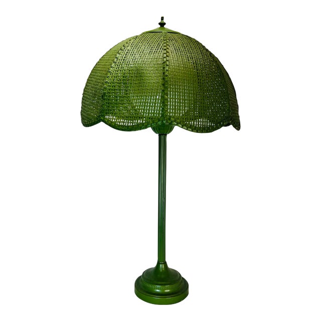 Mid Century Modern Metal Lamp With Scalloped Bottom Wicker Shade For Sale