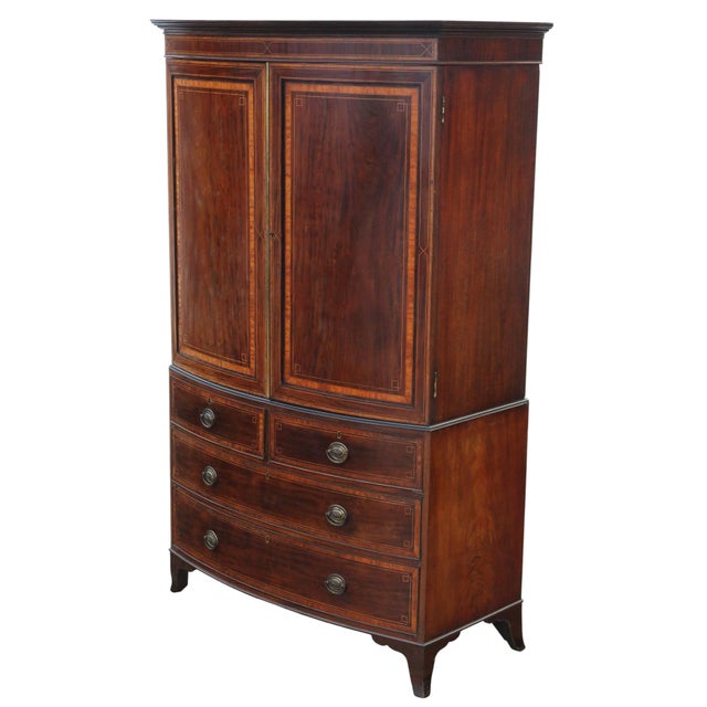 Antique Bow-Front Inlaid Mahogany Linen Press Cupboard For Sale - Image 12 of 12