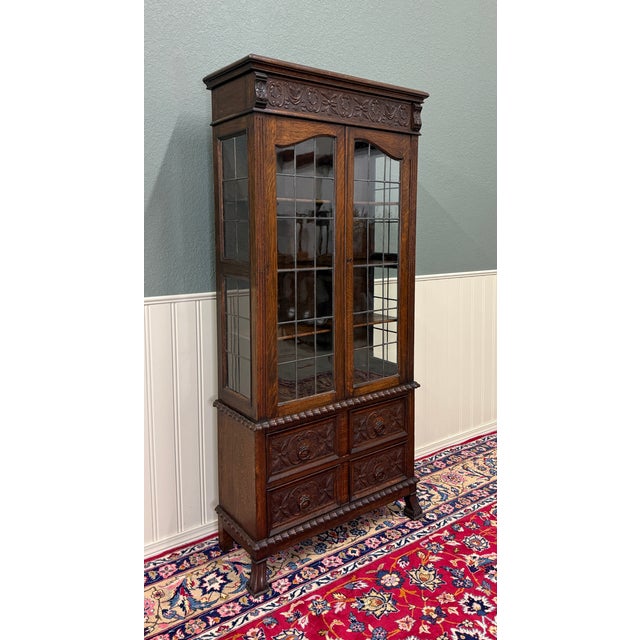 Antique English Jacobean Bookcase Cabinet Double Door Glass Drawers Oak c.1930s For Sale - Image 10 of 18