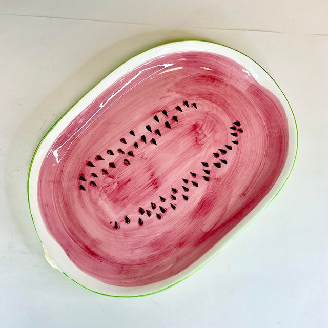 1980s 1980s Vintage Americana Boho Chic Arts & Crafts Hand-Painted Ceramic Watermelon Platter. For Sale - Image 5 of 12