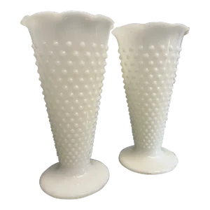 Hobnail Cone Shaped Vases, Pair