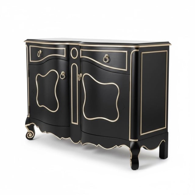 French Late 20th-C. Modern French Louis XV Style Cabinet Black & Silver Gilt, Pair Available For Sale - Image 3 of 13