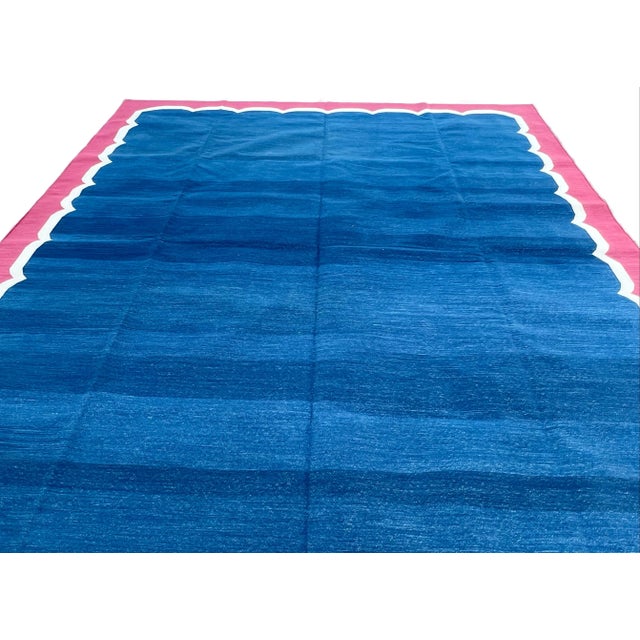 Royal Blue Not Yet Made - Made To Order Handmade Cotton Vegetable Dyed Scalloped Rug Indigo Blue With Raspberry Pink Border - 5'x7' For Sale - Image 8 of 11