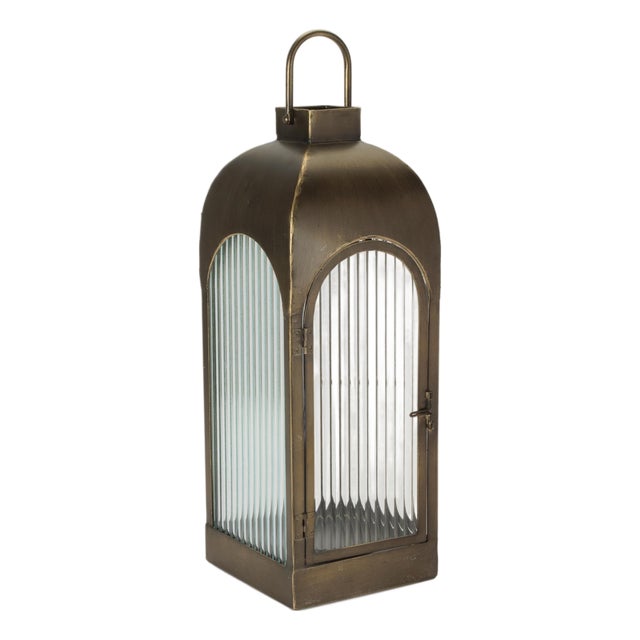 Arched Iron and Ribbed Glass Lantern 22"H For Sale