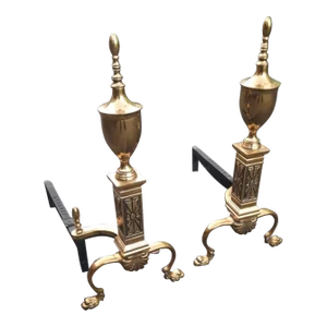Pair of 1940s Bennett Co. Chippendale Style Polished Brass Andirons
