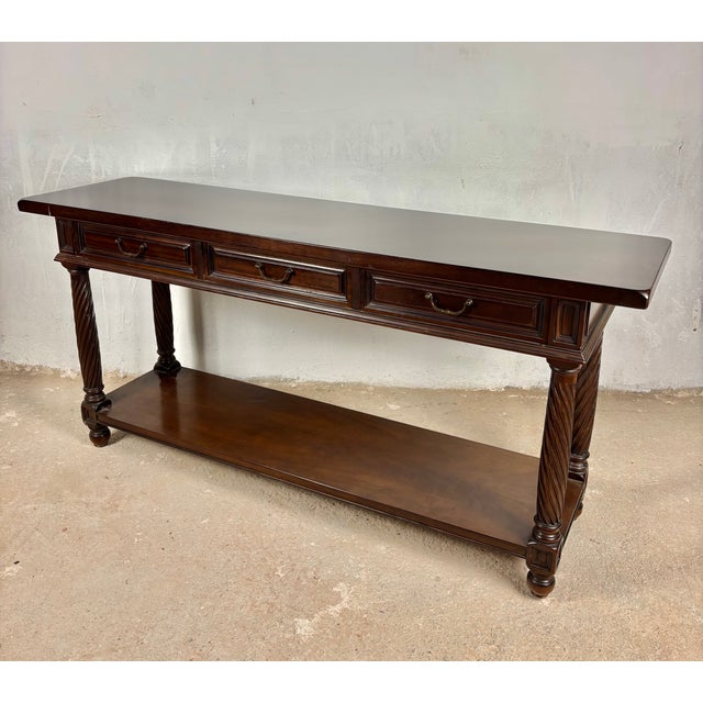 Large Spanish Walnut Rustic Console With Three Drawers and Lower Shelf, 1930s For Sale - Image 9 of 15
