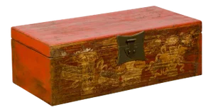 Chinese Vintage Red Lacquered Box with Golden Motifs and Bronze Hardware