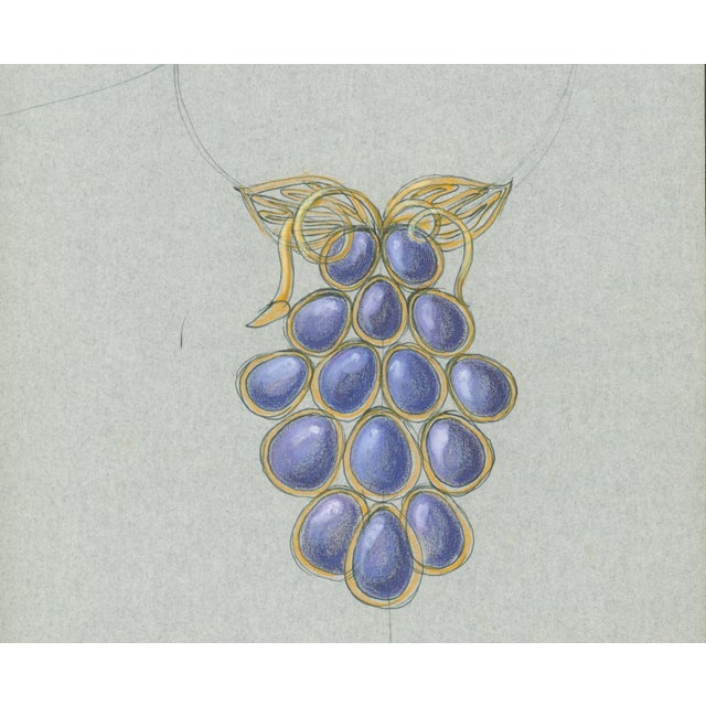 Original jewelry design drawing of a statement necklace centered by a grape-cluster motif of rich blue-violet cabochon-...