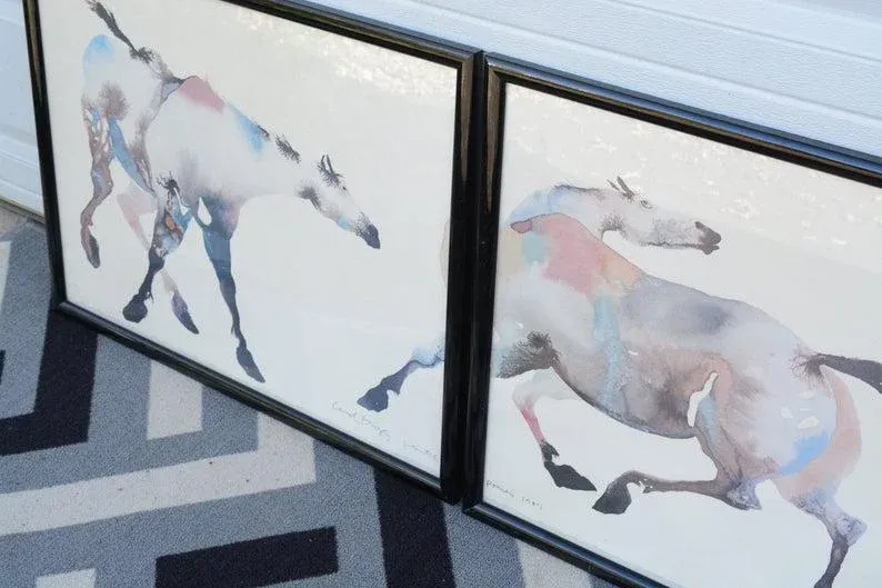 1980s Carol Grigg Painted Ponies Framed Lithograph Prints - A Pair