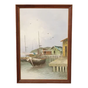 Vintage 20th Century Boats in Harbor Seascape Original Painting by K. Paul