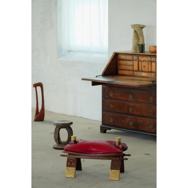 Moroccan Camel Saddle Stool in Stained Wood, Brass and Leather, North Africa, 1980 For Sale - Image 15 of 18