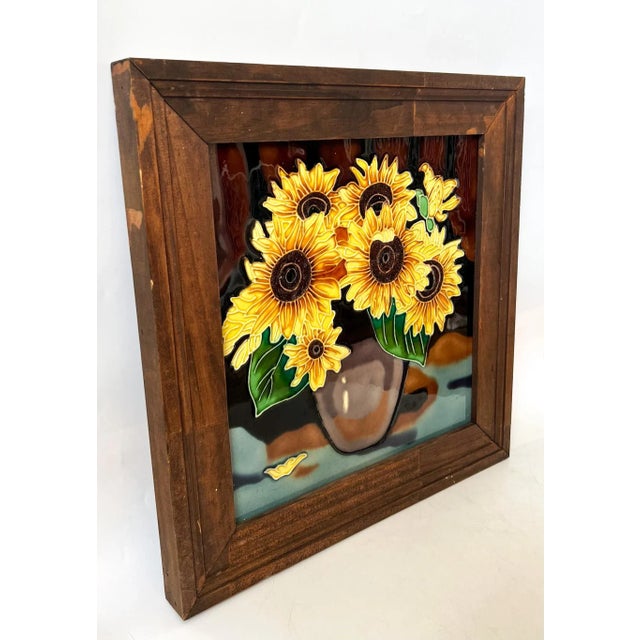 Wood Large Vintage Ceramic Sunflowers in Vase – Framed Wall Hanging Kitchen Art For Sale - Image 7 of 10
